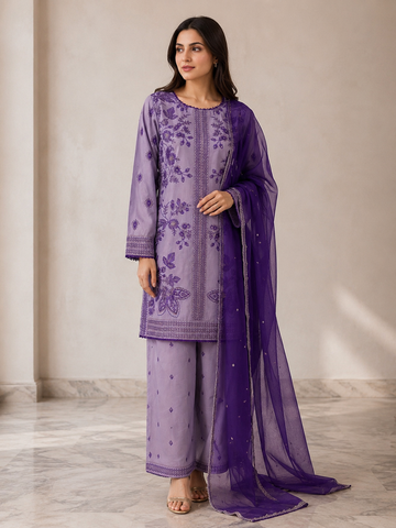 Lilac 3 Piece Premium Cotton Suit – Embroidered Shirt, Embroidered Chiffon Dupatta & Cotton Trouser - 7109