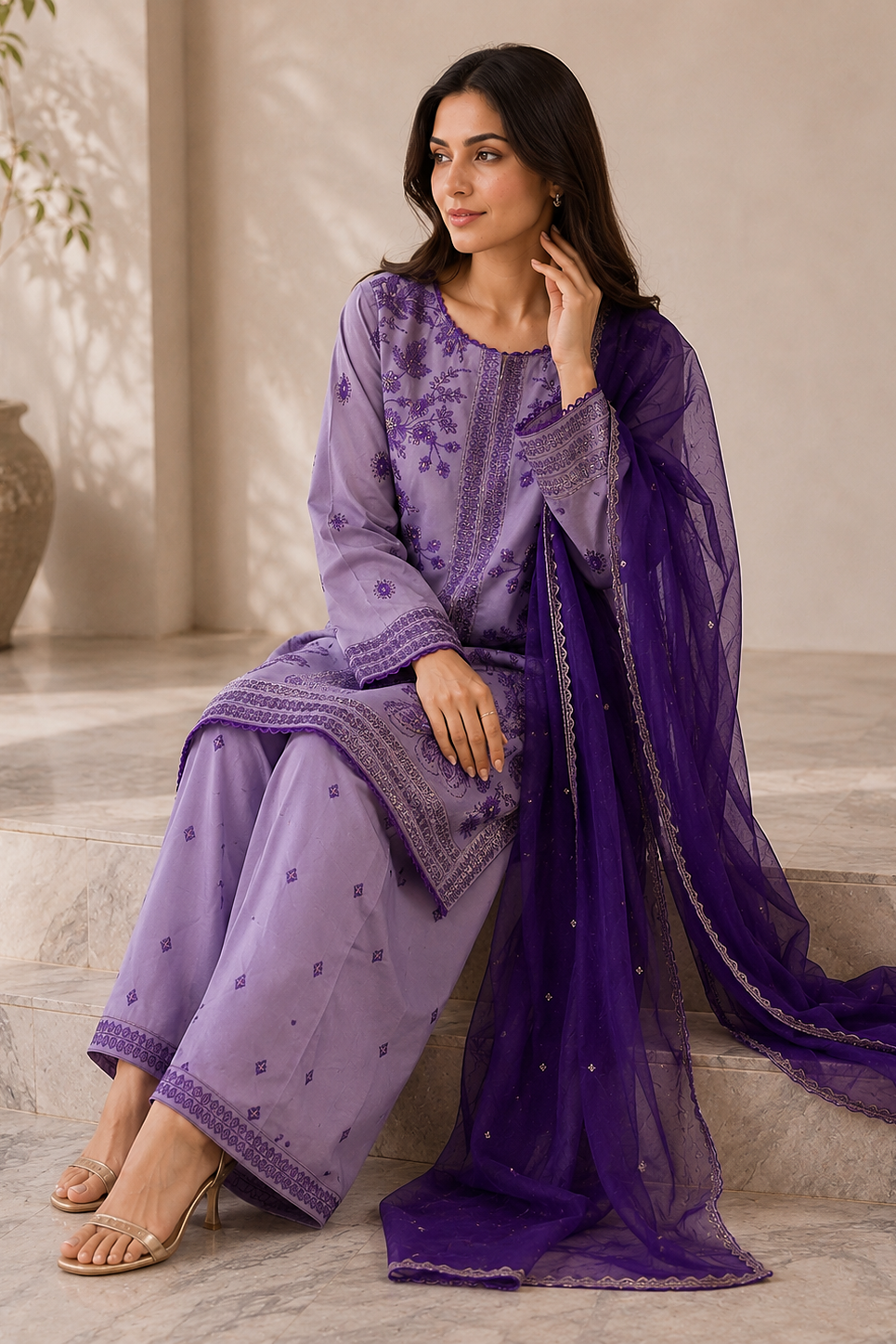 Lilac 3 Piece Premium Cotton Suit – Embroidered Shirt, Embroidered Chiffon Dupatta & Cotton Trouser - 7109