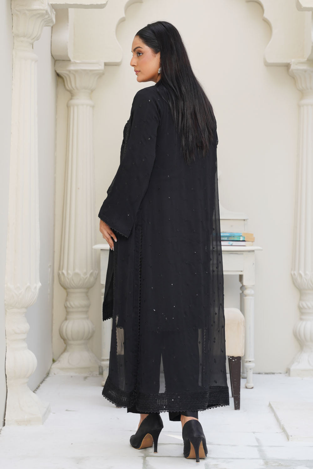 Embroidered Black Chiffon Gown-7078