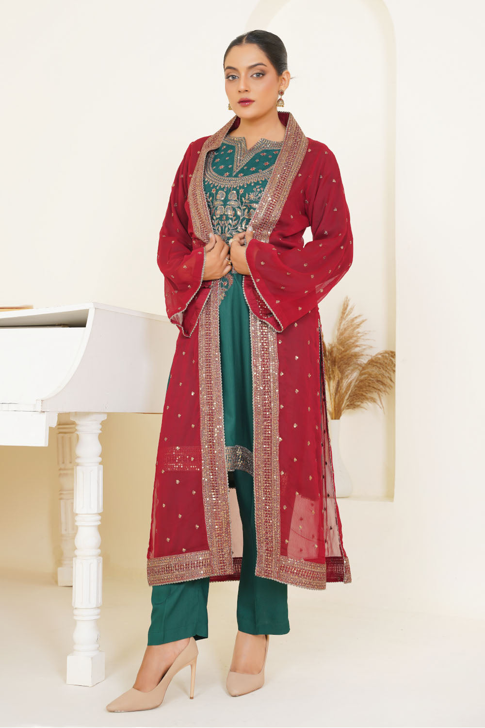 Embroidered Red Chiffon Gown-7079