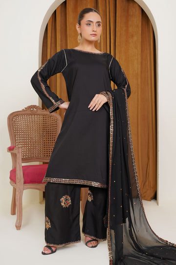 Embroidered Black Viscouse Suit-7081