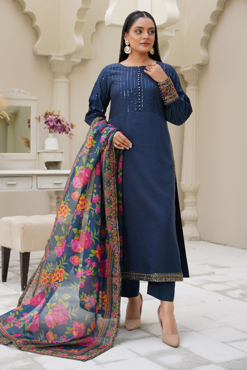 Embroidered Blue Zinc Viscose Suit-7093