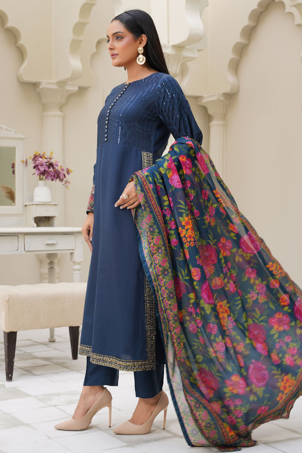 Embroidered Blue Zinc Viscose Suit-7093