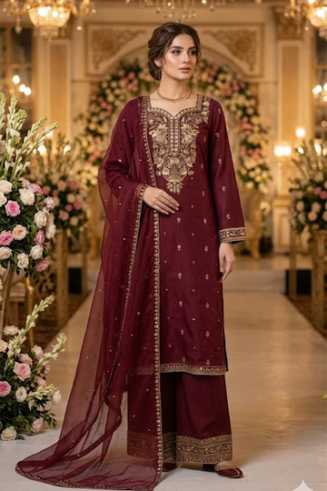 Maroon 3 Piece Premium Cotton Suit – Embroidered Shirt, Embroidered Chiffon Dupatta & Cotton Trouser - 7110