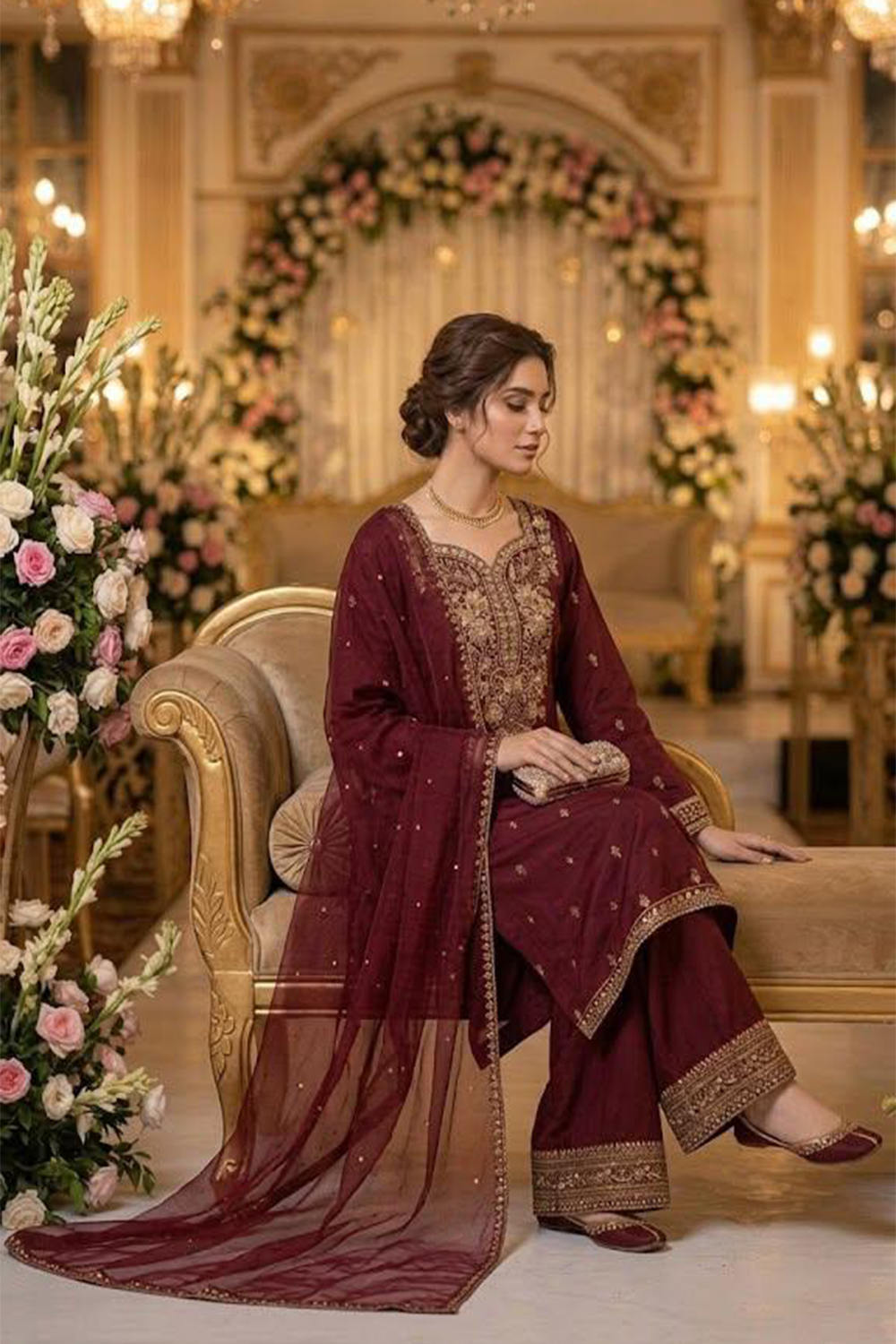 Maroon 3 Piece Premium Cotton Suit – Embroidered Shirt, Embroidered Chiffon Dupatta & Cotton Trouser - 7110