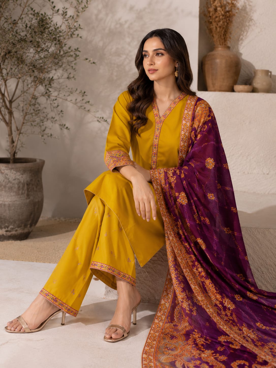 Mustard 3 Piece Premium Cotton Suit – Embroidered Shirt, Printed Monark Dupatta & Cotton Trouser