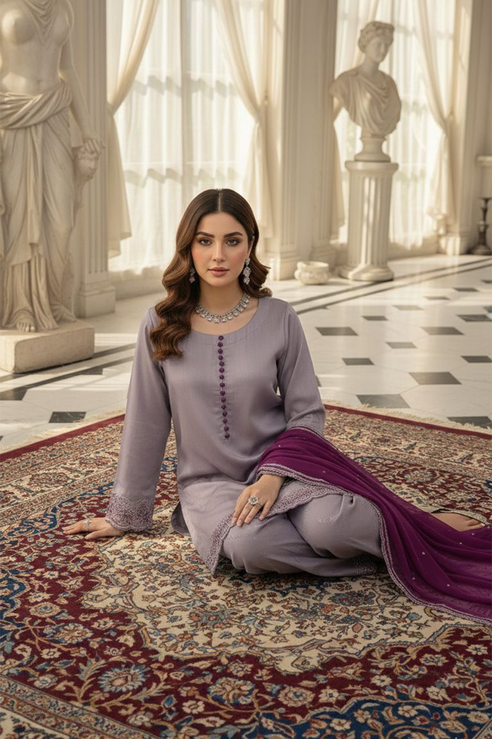 Embroidered Lilac Viscous Suit -2787