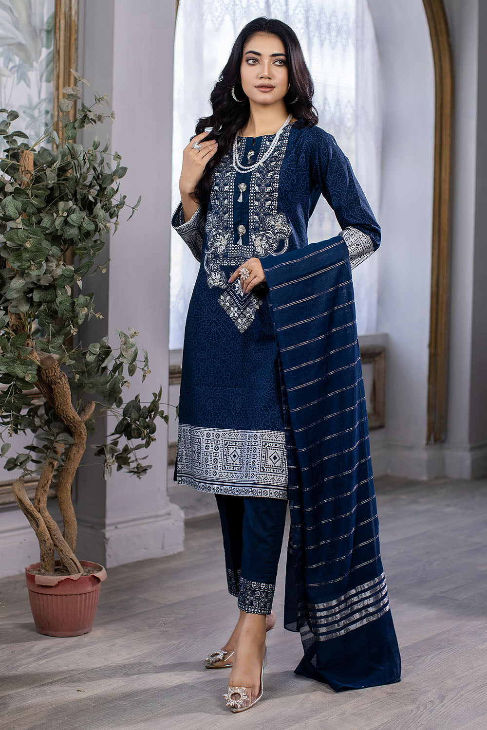 Screen Printed Embroidery Cotton Lawn Suit- 7011