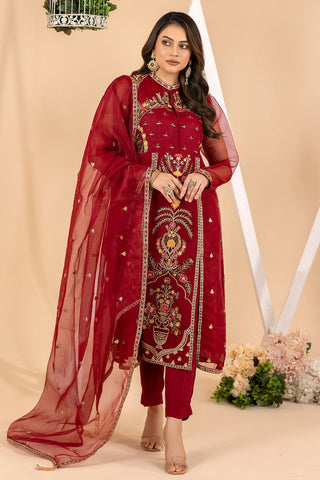 Embroidered Organza A Line Shirt Suit -4018