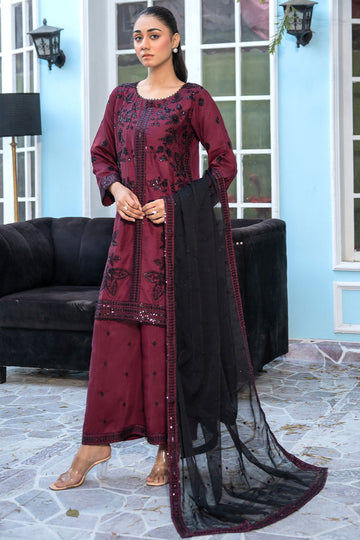 Embroidered Viscouse Maroon Suit -  7095