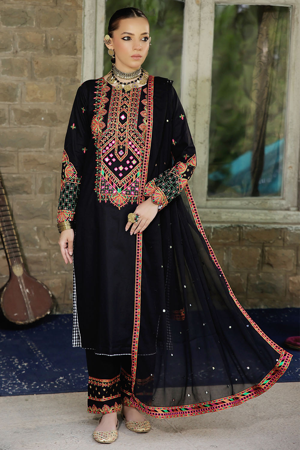 black multi embroidered cambric