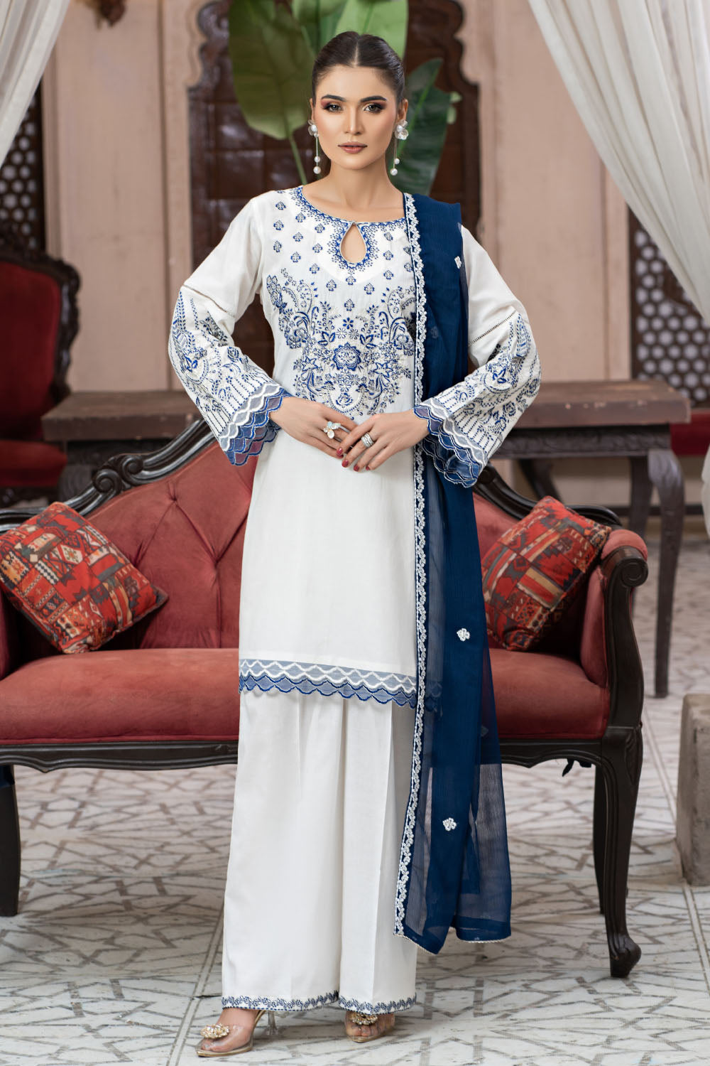 Embroidered Egg White Cotton Suit - 2759