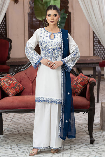 Embroidered Egg White Cotton Suit - 2759