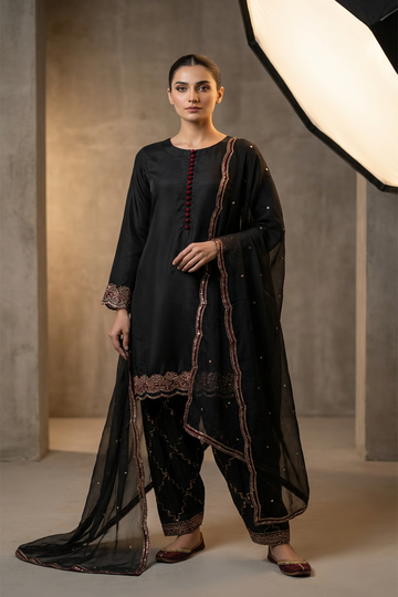 Embroidered Black Viscous Suit-2790