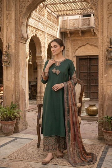 Emerald 3-Piece Sequined Cotton Suit – Shirt, Printed Dupatta & Palazzo -2807