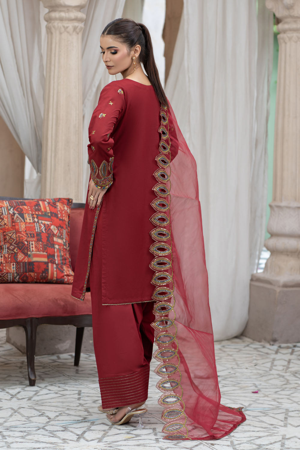 Embroidered Maroon Suit - 7082