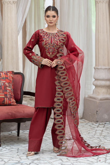 Embroidered Maroon Suit - 7082