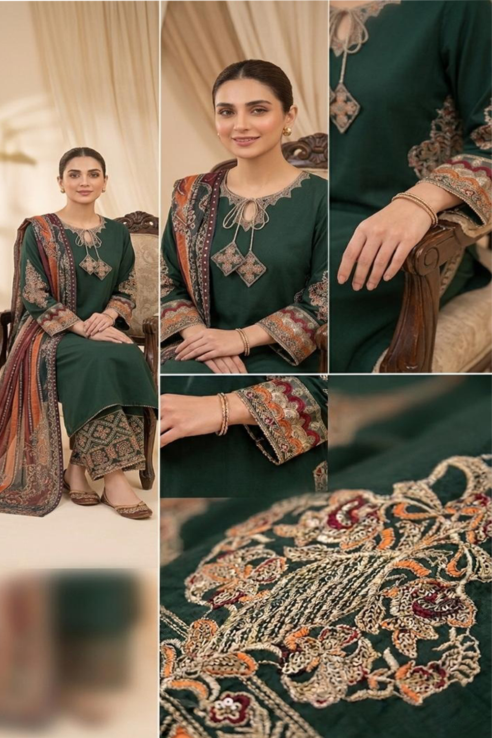 Emerald 3-Piece Sequined Cotton Suit – Shirt, Printed Dupatta & Palazzo -2807
