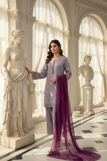 Embroidered Lilac Viscous Suit -2787