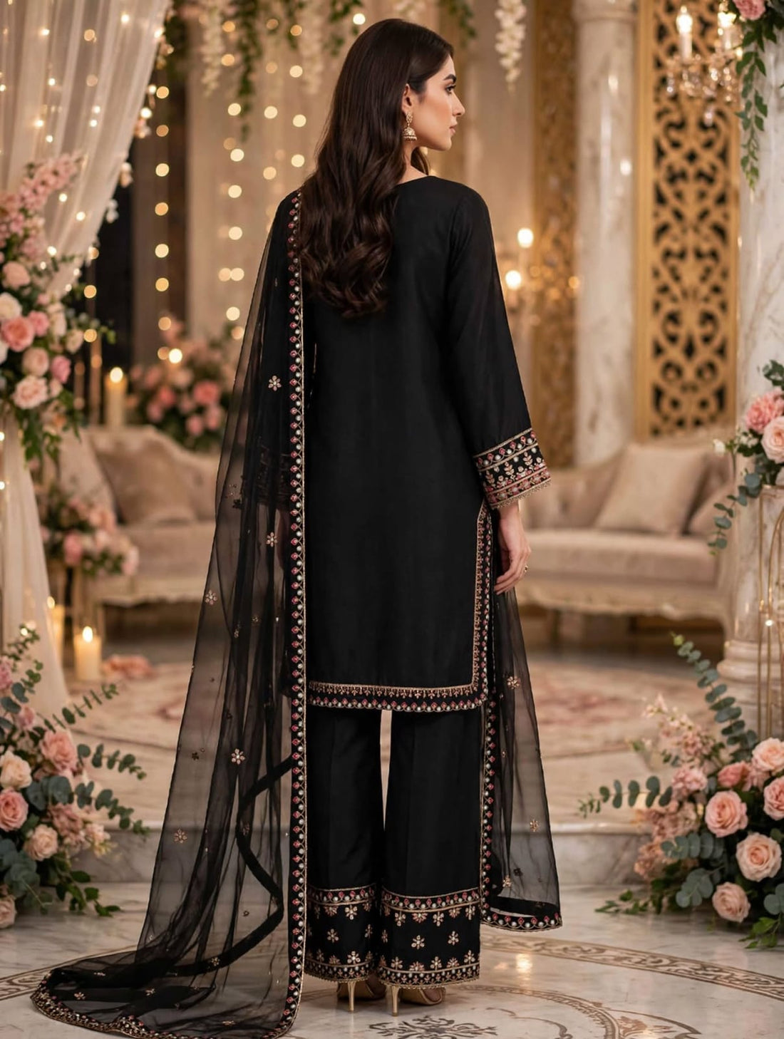 Black 3-Piece Sequined Viscous Suit – Shirt, Embroidered Dupatta & Flapper -7105