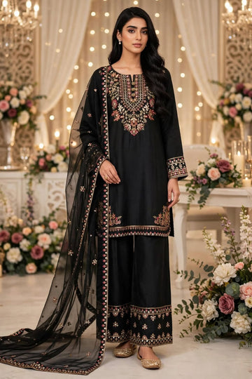 Black 3-Piece Sequined Viscous Suit – Shirt, Embroidered Dupatta & Flapper -7105