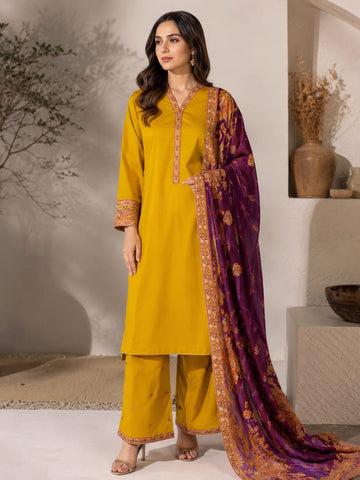 Mustard 3 Piece Premium Cotton Suit – Embroidered Shirt, Printed Monark Dupatta & Cotton Trouser