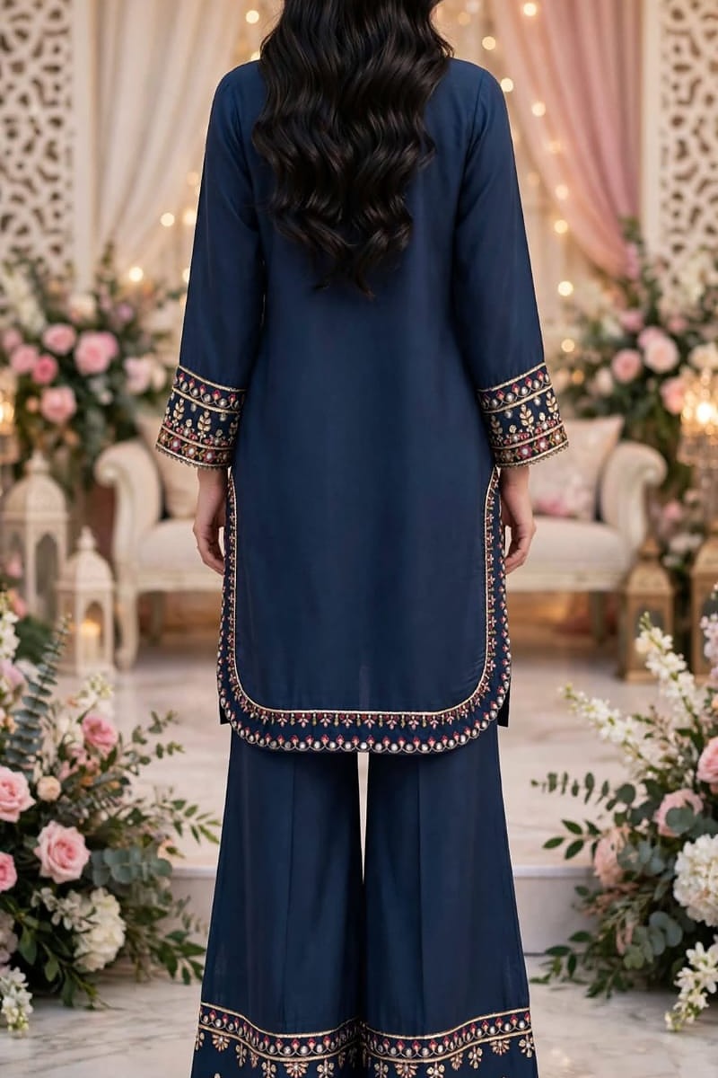 Zinc Blue  3-Piece Sequined Viscous Suit – Shirt, Embroidered Dupatta & Flapper -7106