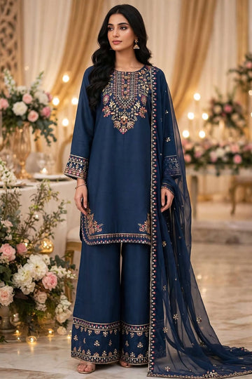 Zinc Blue  3-Piece Sequined Viscous Suit – Shirt, Embroidered Dupatta & Flapper -7106