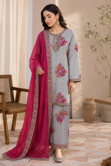 Grey 3-Piece Grip Silk Embroidered Suit – Shirt, Khaadi Net Dupatta & Palazzo -7111