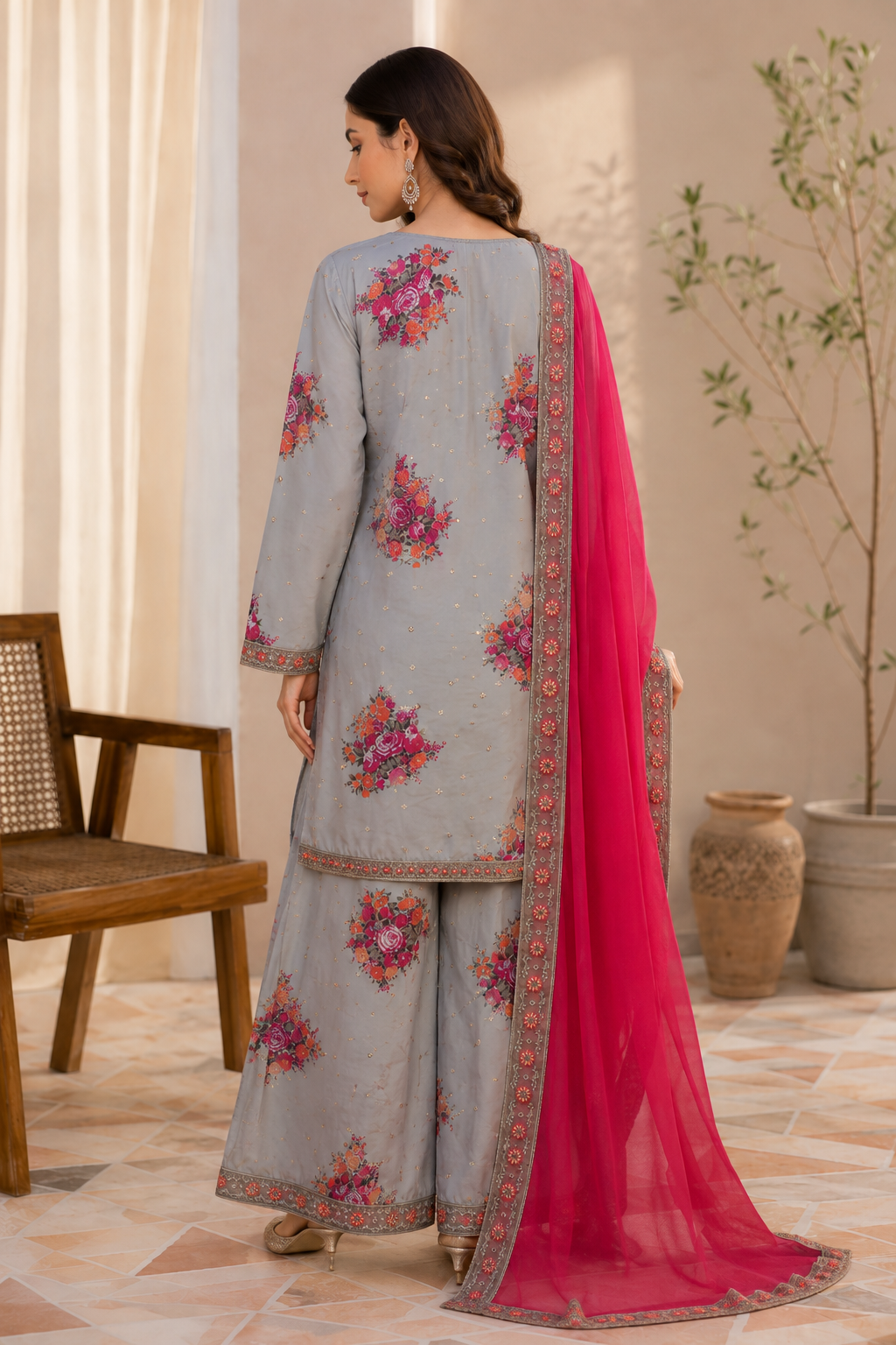 Grey 3-Piece Grip Silk Embroidered Suit – Shirt, Khaadi Net Dupatta & Palazzo -7111