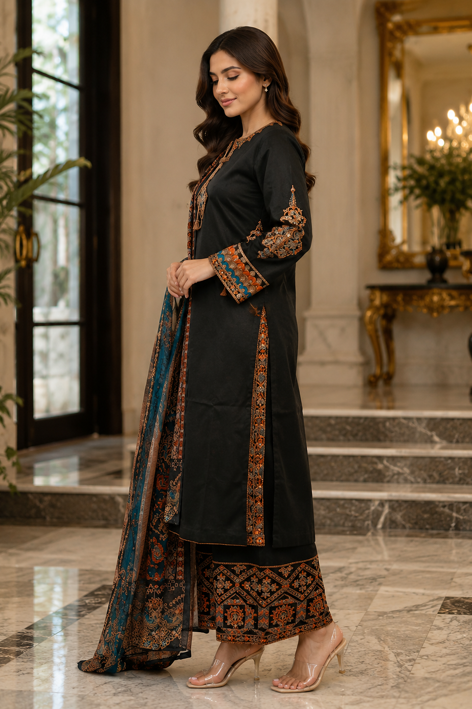 Black 3-Piece Sequined Cotton Suit – Shirt, Printed Dupatta & Palazzo -2807