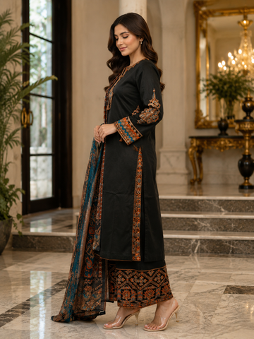 Black 3-Piece Sequined Cotton Suit – Shirt, Printed Dupatta & Palazzo -2807
