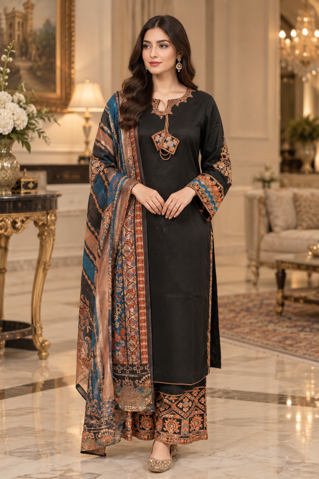 Black 3-Piece Sequined Cotton Suit – Shirt, Printed Dupatta & Palazzo -2807