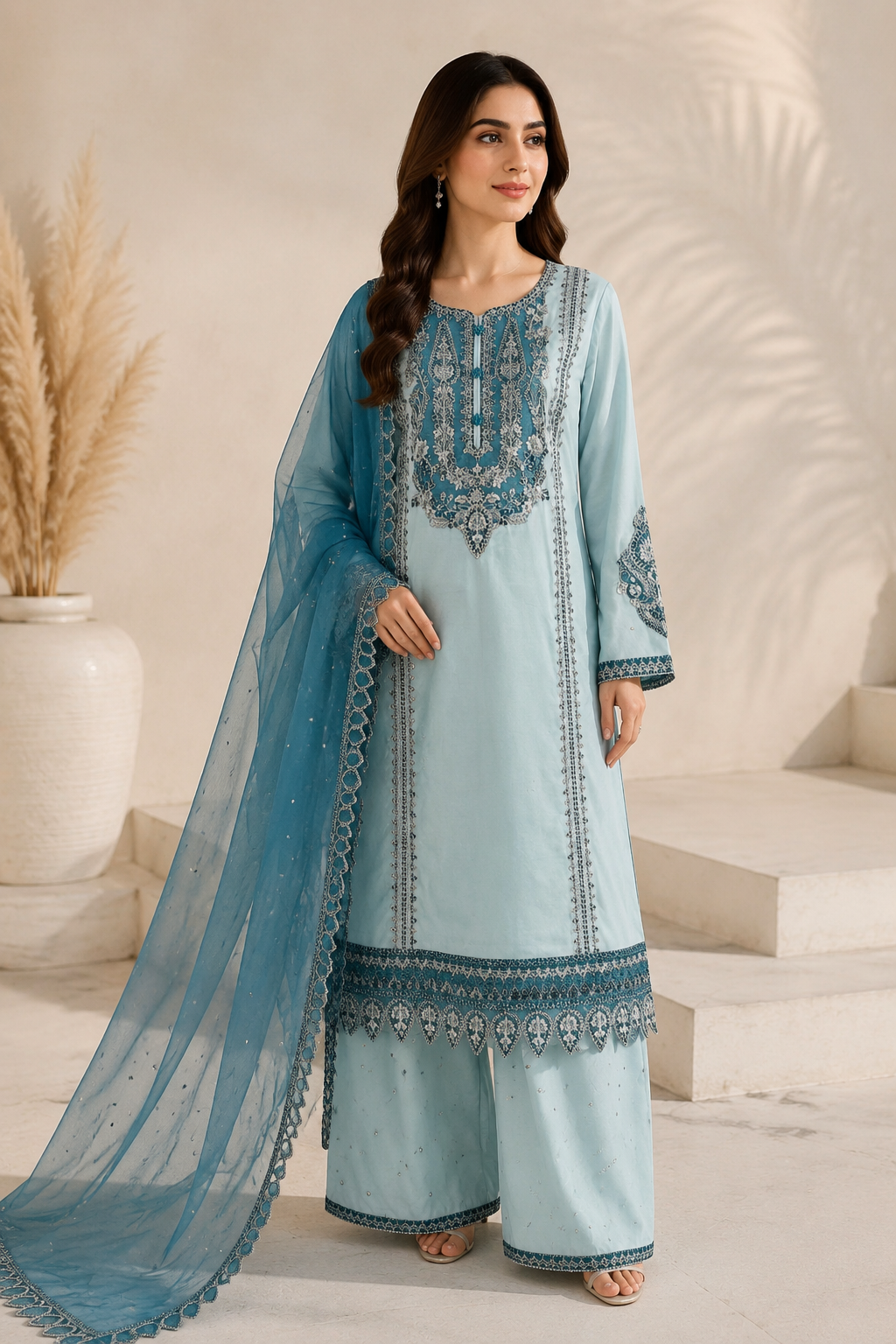 Ice Blue 3 Piece Premium Cotton Suit – Embroidered Shirt, Embroidered Rajjo Net Dupatta & Cotton Palazzo - 2821