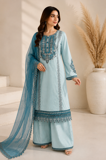 Ice Blue 3 Piece Premium Cotton Suit – Embroidered Shirt, Embroidered Rajjo Net Dupatta & Cotton Palazzo - 2821