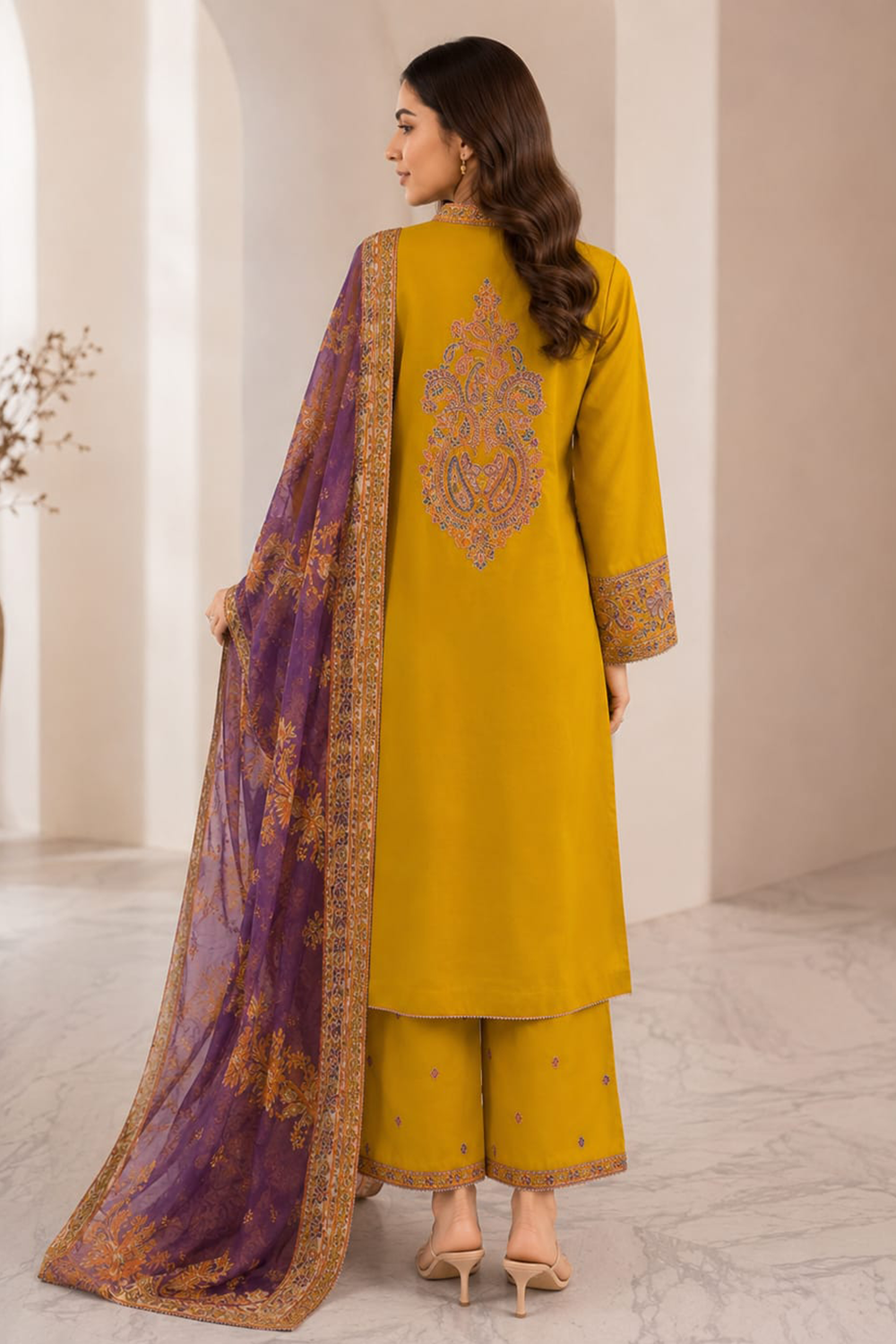 Mustard 3 Piece Premium Cotton Suit – Embroidered Shirt, Printed Monark Dupatta & Cotton Trouser - 2805