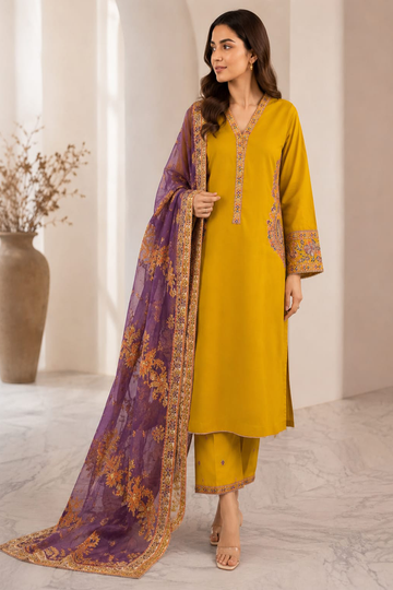 Mustard 3 Piece Premium Cotton Suit – Embroidered Shirt, Printed Monark Dupatta & Cotton Trouser - 2805