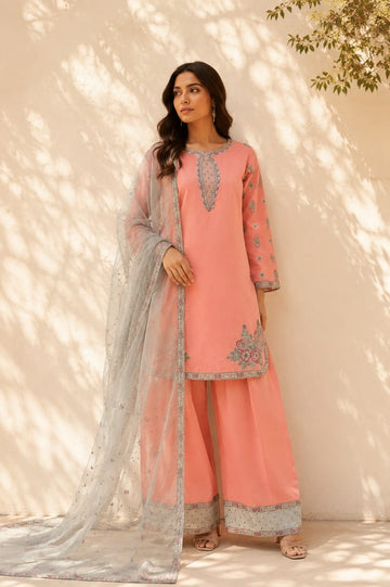 Tea Pink 3 Piece Premium Cotton Suit – Embroidered Shirt, Embroidered Rajjo Net Dupatta & Cotton Trouser - 2815
