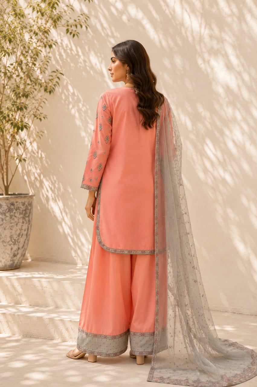 Tea Pink 3 Piece Premium Cotton Suit – Embroidered Shirt, Embroidered Rajjo Net Dupatta & Cotton Trouser - 2815