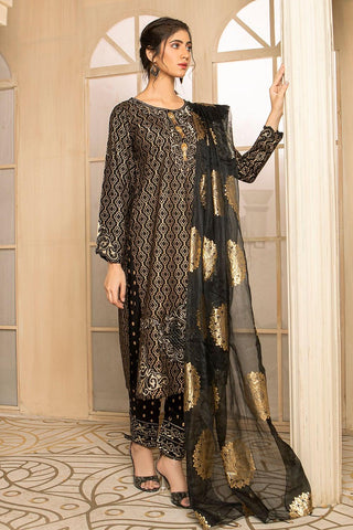 Embroidered Cotton Lawn Gold Print Suit - Madame