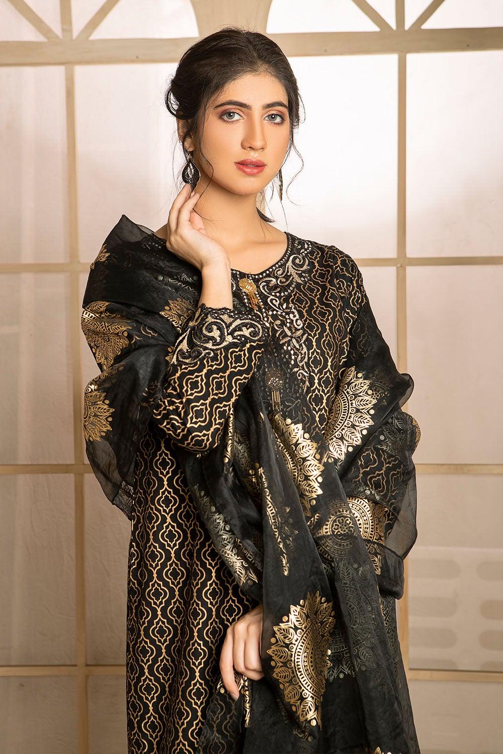 Embroidered Cotton Lawn Gold Print Suit - Madame