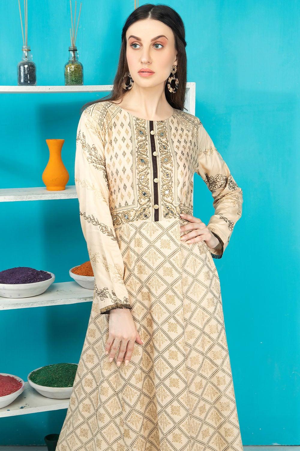 Linen Gold Print Embroidery Mirror Frock Suit - Madame