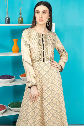 Linen Gold Print Embroidery Mirror Frock Suit - Madame