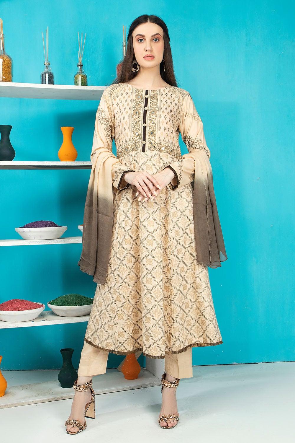 Linen Gold Print Embroidery Mirror Frock Suit - Madame
