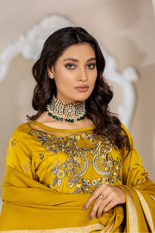 Mustard Embroidered Viscose Suit -2529