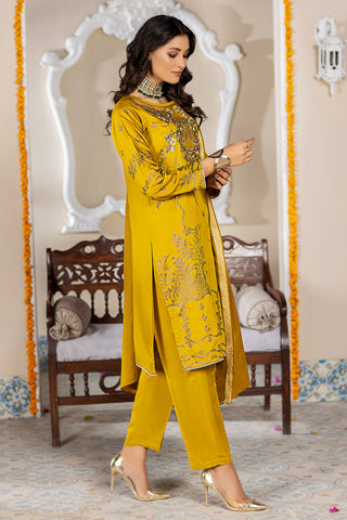 Mustard Embroidered Viscose Suit -2529