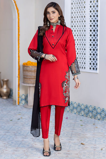 Red Embroidered Viscose Suit-2557