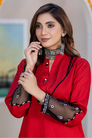 Red Embroidered Viscose Suit-2557