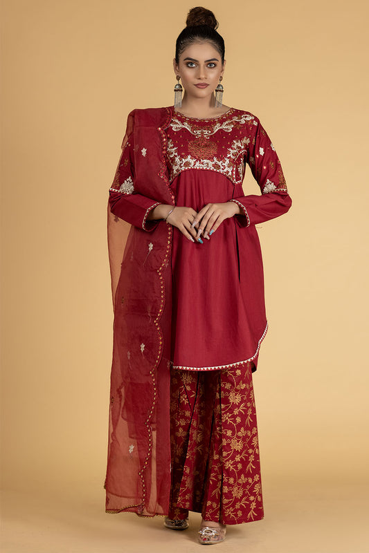 Embroidered Cotton Sharara Suit-2508