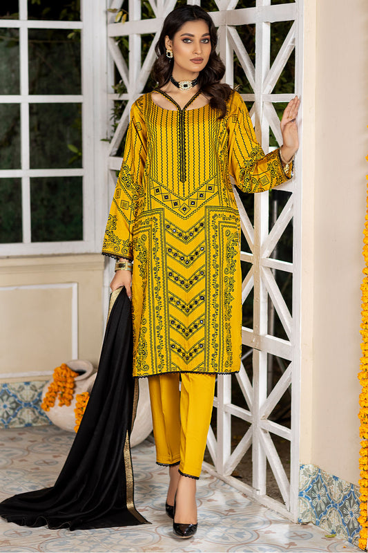 Mustard Embroidered Viscose Suit -2553